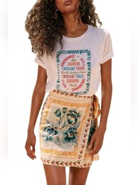 Floral Printed Wrap Mini Skirt in Cream and Teal XS